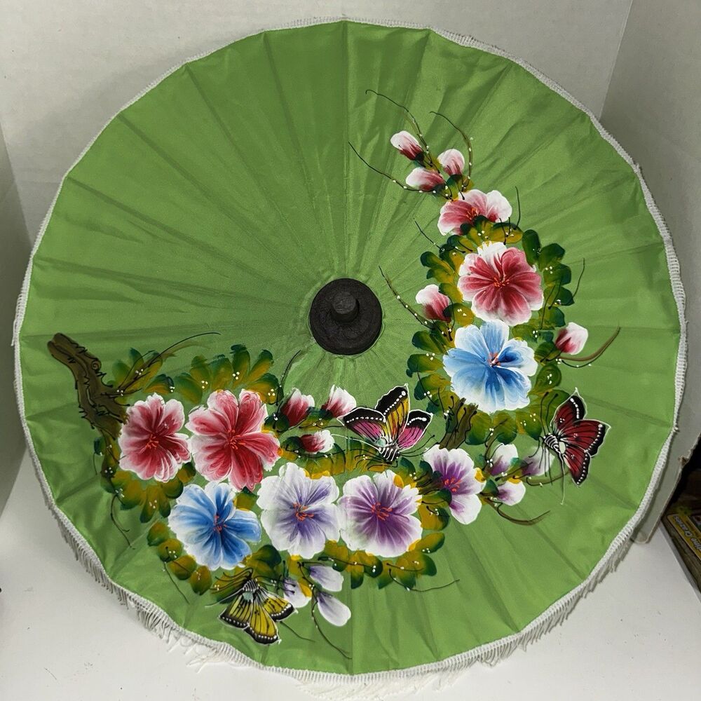 Vintage Hand Painted Asian Parasol Floral Butterfly Bamboo Decor Umbrella MCM